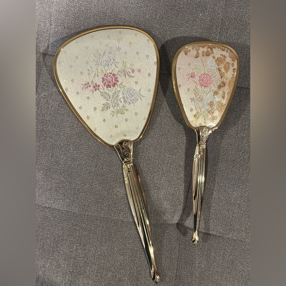 Vintage Floral Hand Mirror Set with Gold Tone Handles - England - Shabby Chic